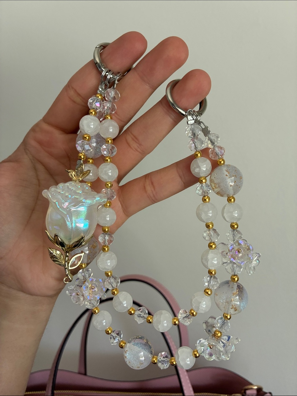 Iridescent White Beaded Rose Charm Keychain Bag Chain - Picture 2 of 3
